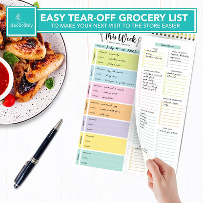 Decorably 52 Sheets Pastel Undated Magnetic Weekly Meal Planner and Grocery List Notepad with 4 Strong Magnets - 8.5x11in Spring-Bound, Refrigerator Mountable, Easy Tear-Off Design