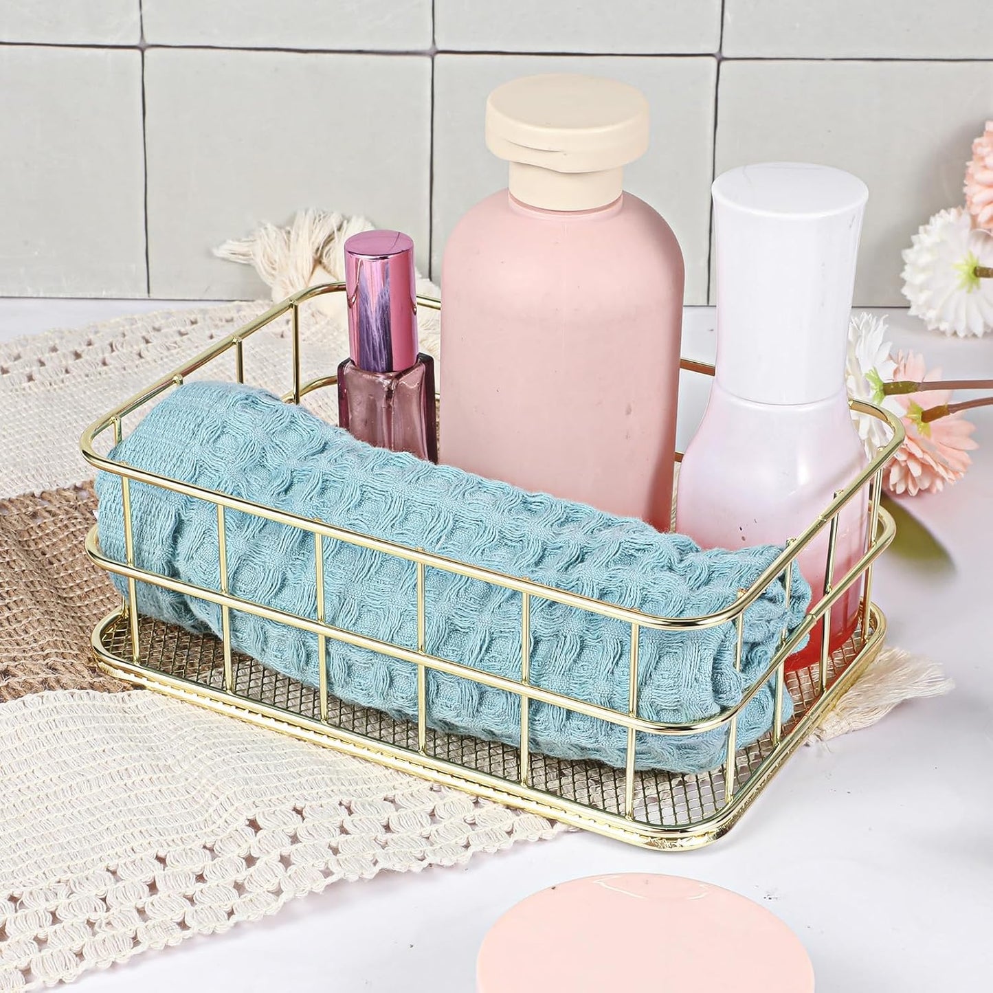 Gold Metal Wire Basket, 6.7 x 4.7 x 2.4 Inch Small Storage Basket Stackable Metal Wire Mesh Bin with Handles for Organizing, for Home Desk Pantry Bathroom Kitchen Countertop, Gold