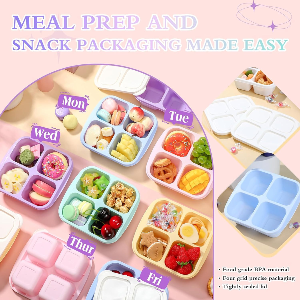 Honeydak 10 Pack Bento Snack Containers 4 Compartment Snack Boxes Reusable Containers with Lids Divided Meal Prep Lunch Food Storage Box for School Work Travel