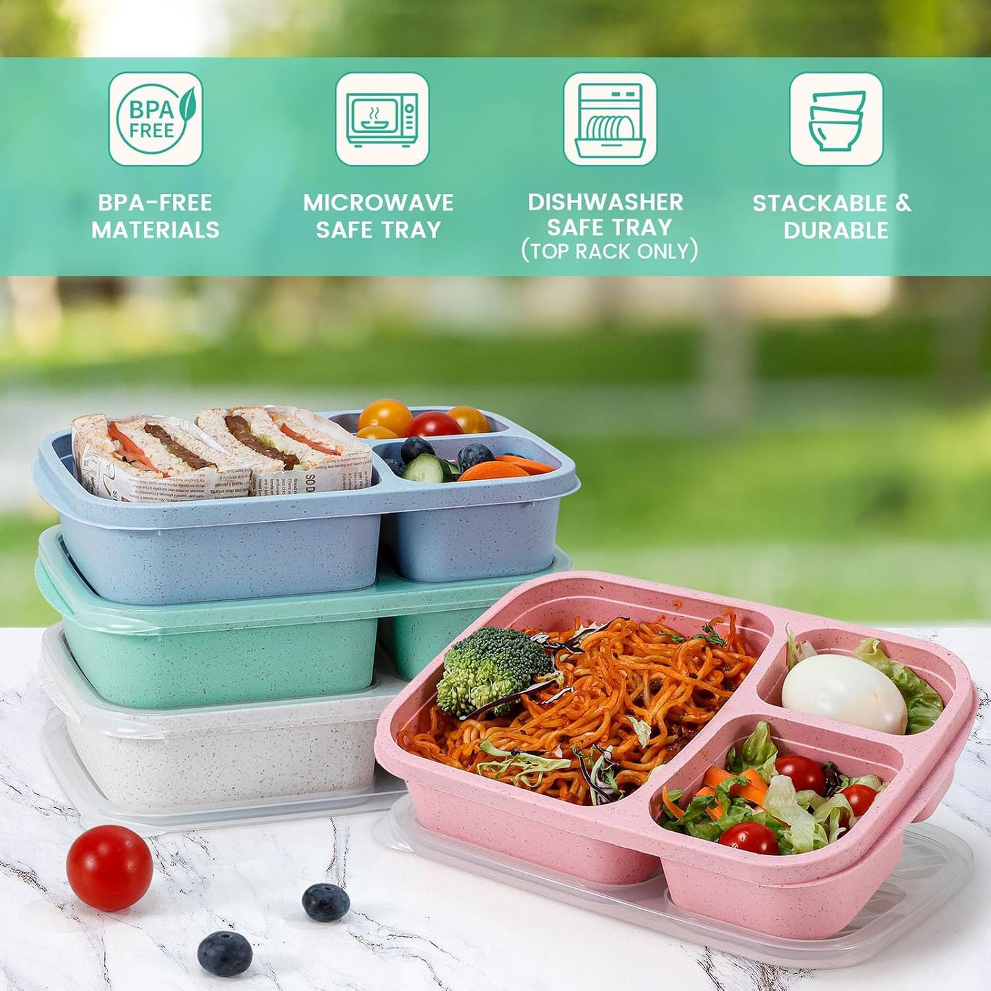 Caperci Bento Lunch Box Containers for Adults & Kids - 3-Compartment Reusable Meal Prep Containers with 2 Sauce Containers for School, Work, Travel, Wheat Straw, 4-Pack (Vintage Colors)