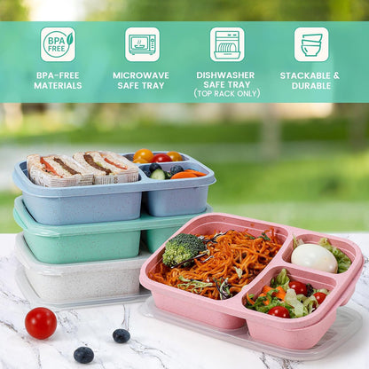 Caperci Bento Lunch Box Containers for Adults & Kids - 3-Compartment Reusable Meal Prep Containers with 2 Sauce Containers for School, Work, Travel, Wheat Straw, 4-Pack (Vintage Colors)
