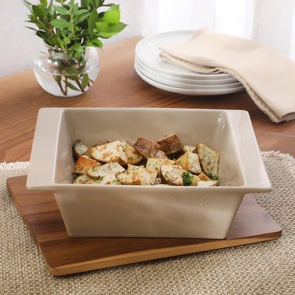 Gibson Elite 3-Section Stoneware Serving Tray with Acacia Lid – Taupe Rectangular Chip & Dip, Condiment, Snack and Appetizer Server for Parties & Entertaining
