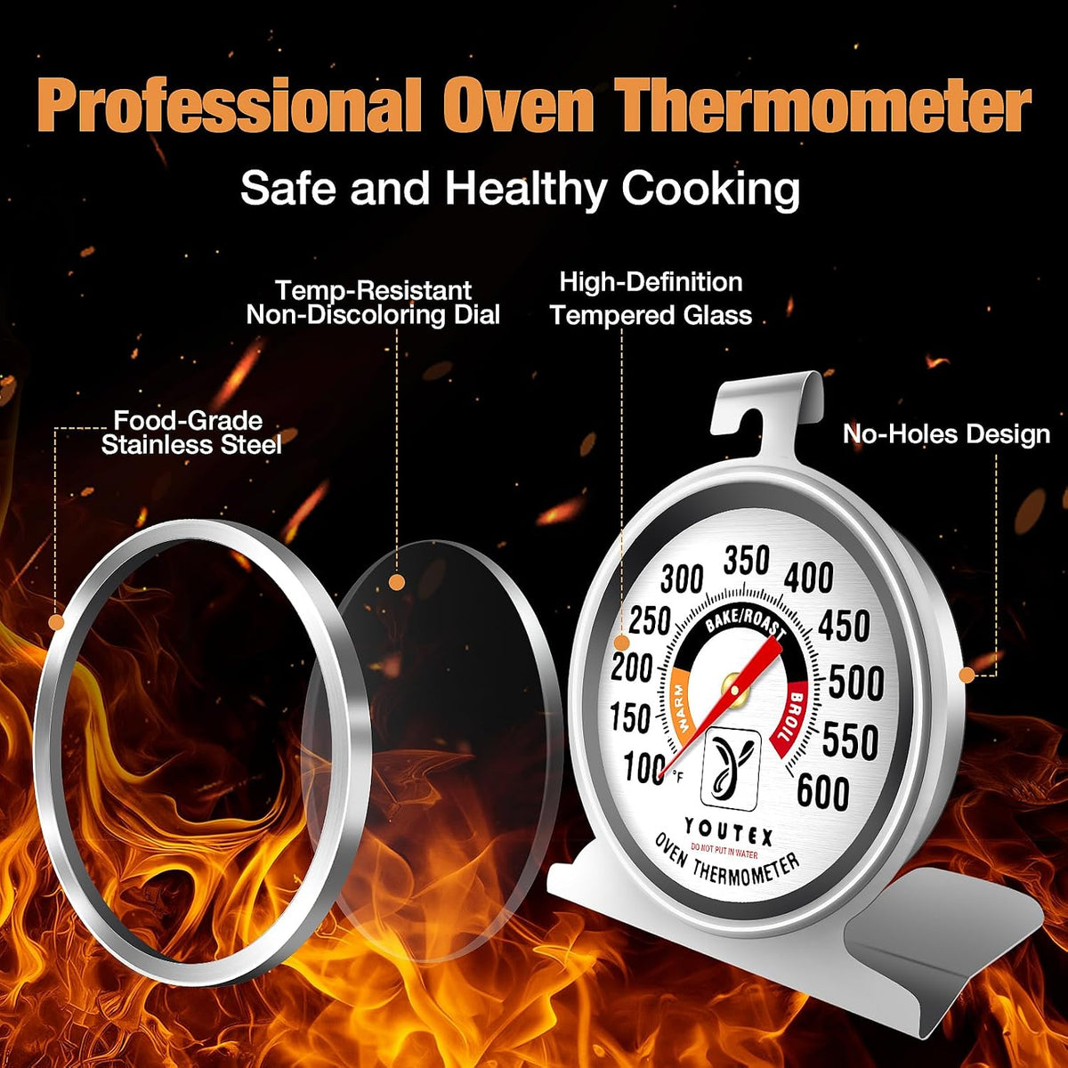 2-Pack Oven Thermometer, Upgraded 100-600°F No-Holes Non-Discoloring Easy-to-Clean for Healthier Cooking, Easy-to-Read with Large Bright Numbers for Gas & Electric Ovens, Grills, and Smokers