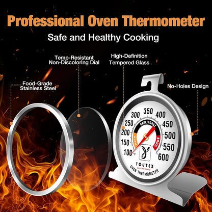 2-Pack Oven Thermometer, Upgraded 100-600°F No-Holes Non-Discoloring Easy-to-Clean for Healthier Cooking, Easy-to-Read with Large Bright Numbers for Gas & Electric Ovens, Grills, and Smokers