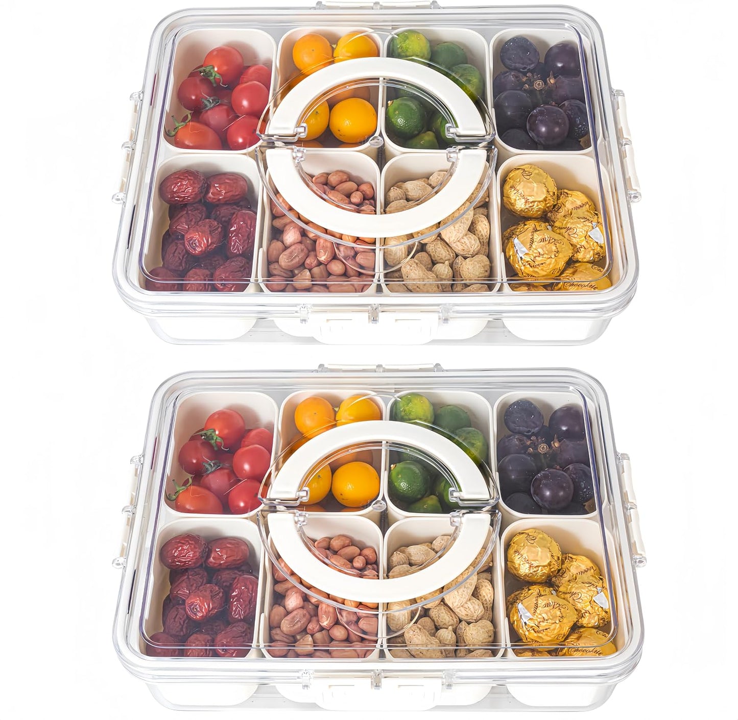 Dingerjar Divided Serving Tray with Lid and Handle - Snackle Box Charcuterie Container for Portable Snack Platters - Clear Organizer for Candy, Fruits, Nuts, Snacks - Perfect for Party, Entertaining