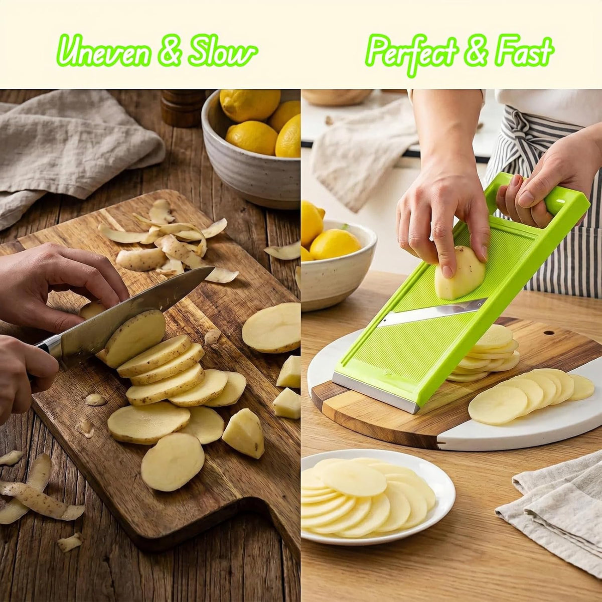 Handheld Potato Slicer & French Fry Cutter - Stainless Steel Vegetable Slicer for Homemade Fries, Carrots, Zucchini - Ergonomic Non-Slip Green Slicer 4.25x10.8in, Easy Clean
