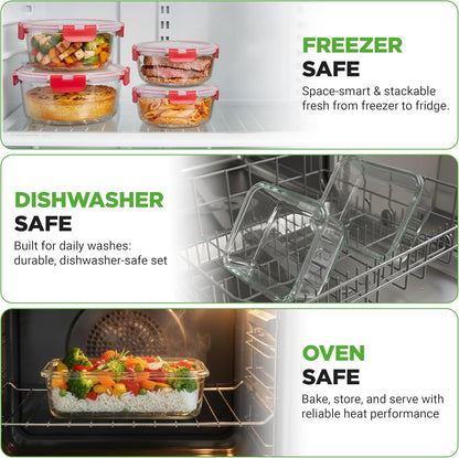 NutriChef 24pcs Glass Food Storage Containers, (12 Stackable Heavy Duty Meal Prep Containers w/ 12 Airtight Lids), Microwave, Freezer, & Dishwasher Safe for Food, Snacks, Fruit & More, (Gray)