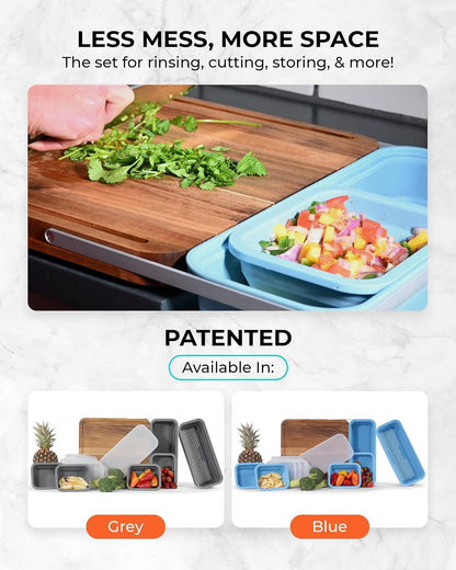 TidyBoard Meal Prep System Starter - Over-the-Sink Smart Chopping Board with 1 Large Strainer, Tubs, & Lids - 1” Thick Acacia Wood Cutting Board with Containers & Strainer, 12 pieces