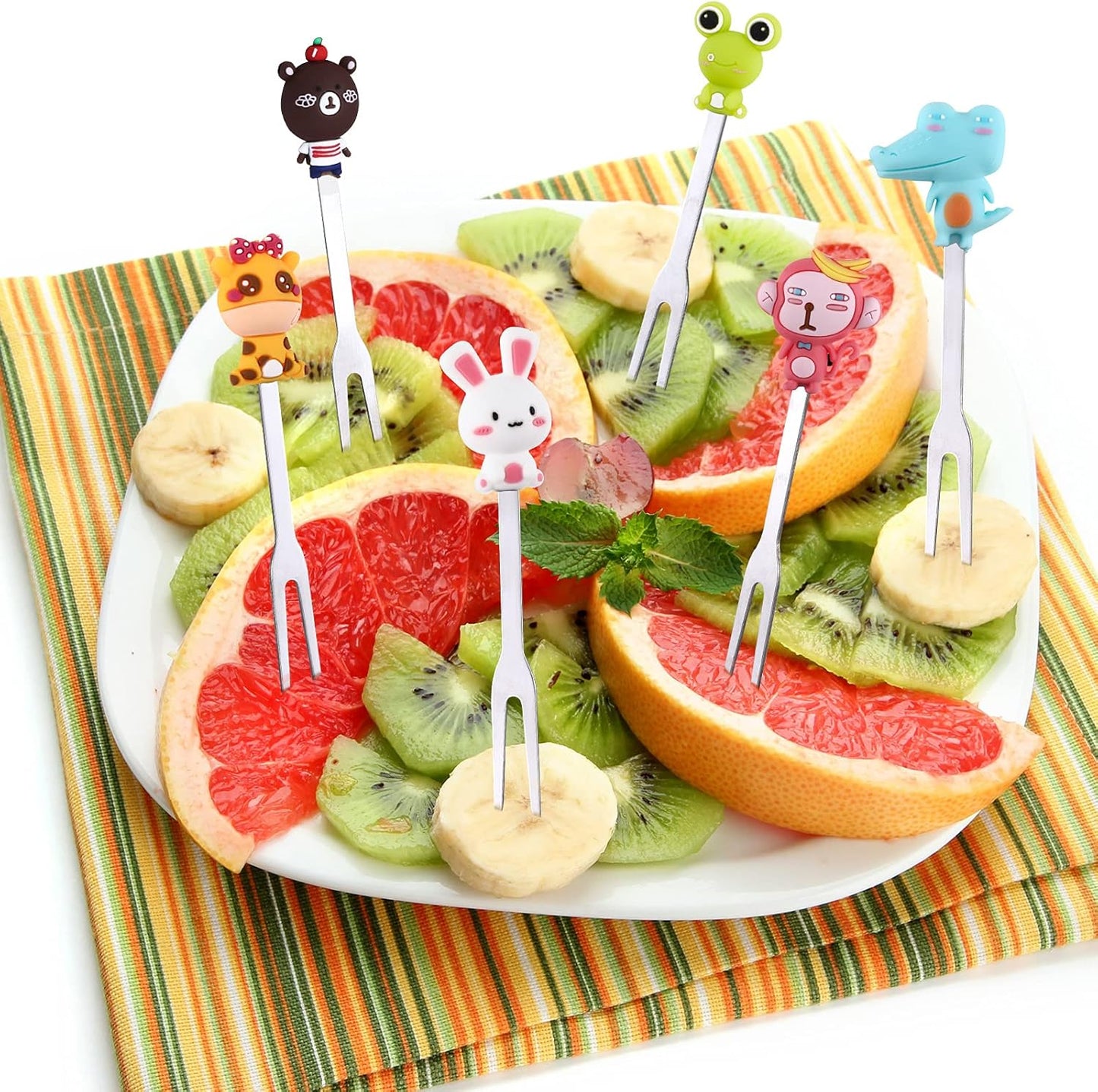 12 Pcs Food Picks for Kids with 2 Ceramic Jars Set of 2 Cute Cartoon Animal Fruit Forks Kids Toothpicks Stainless Steel Bento Picks for Kids with Silicone Handles Back to School Party Supplies