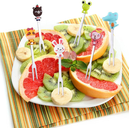 12 Pcs Food Picks for Kids with 2 Ceramic Jars Set of 2 Cute Cartoon Animal Fruit Forks Kids Toothpicks Stainless Steel Bento Picks for Kids with Silicone Handles Back to School Party Supplies