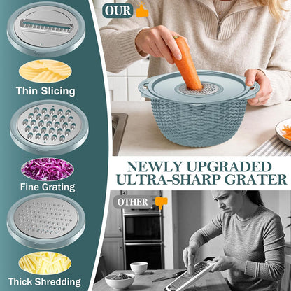 4-in-1 Colander with Bowl Set — Patented 360° Rotatable Strainer Bowl with 3 Graters, Snap-On Lid & Non-Slip Base, Funny Kitchen Present for Women, Aesthetic Pasta Fruit Vegetable Strainer (Beige)