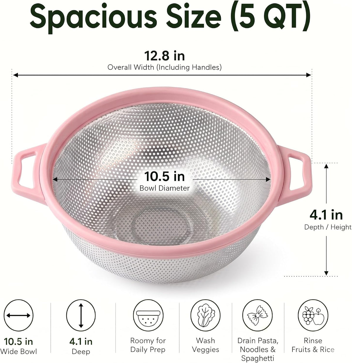 HiramWare Stainless Steel Colander with Handle and Legs, 5 Qt, Green