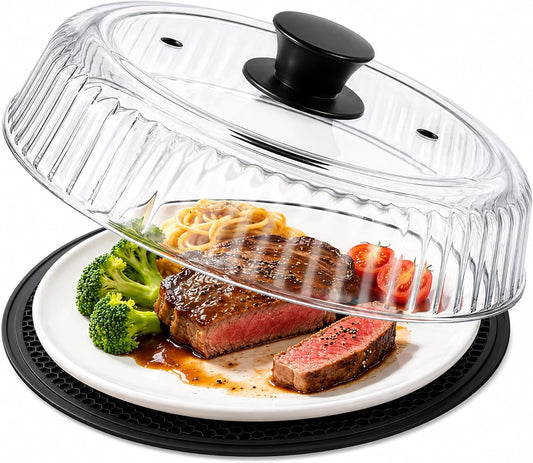 Glass Microwave Cover for Food, 10 Inch Heat Resistant Splatter Guard Lid with Silicone Mat & Vent Holes, Borosilicate Glass Dishwasher Safe, BPA-Free No Plastic