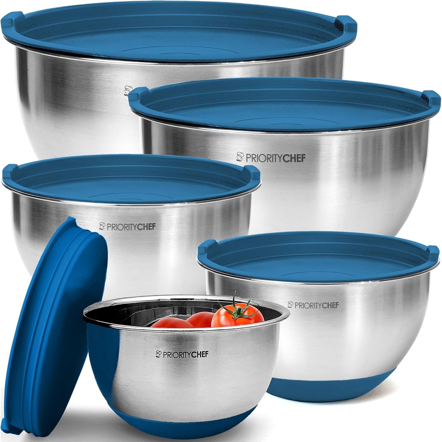 Priority Chef Premium Mixing Bowls With Lids Set, Airtight Lids, Thicker Stainless Steel, Non-Slip Base, 5 Nesting Steel Bowls for Kitchen, Large Prep Metal Bowl Set 1.5/2/3/4/5 Qt, Black