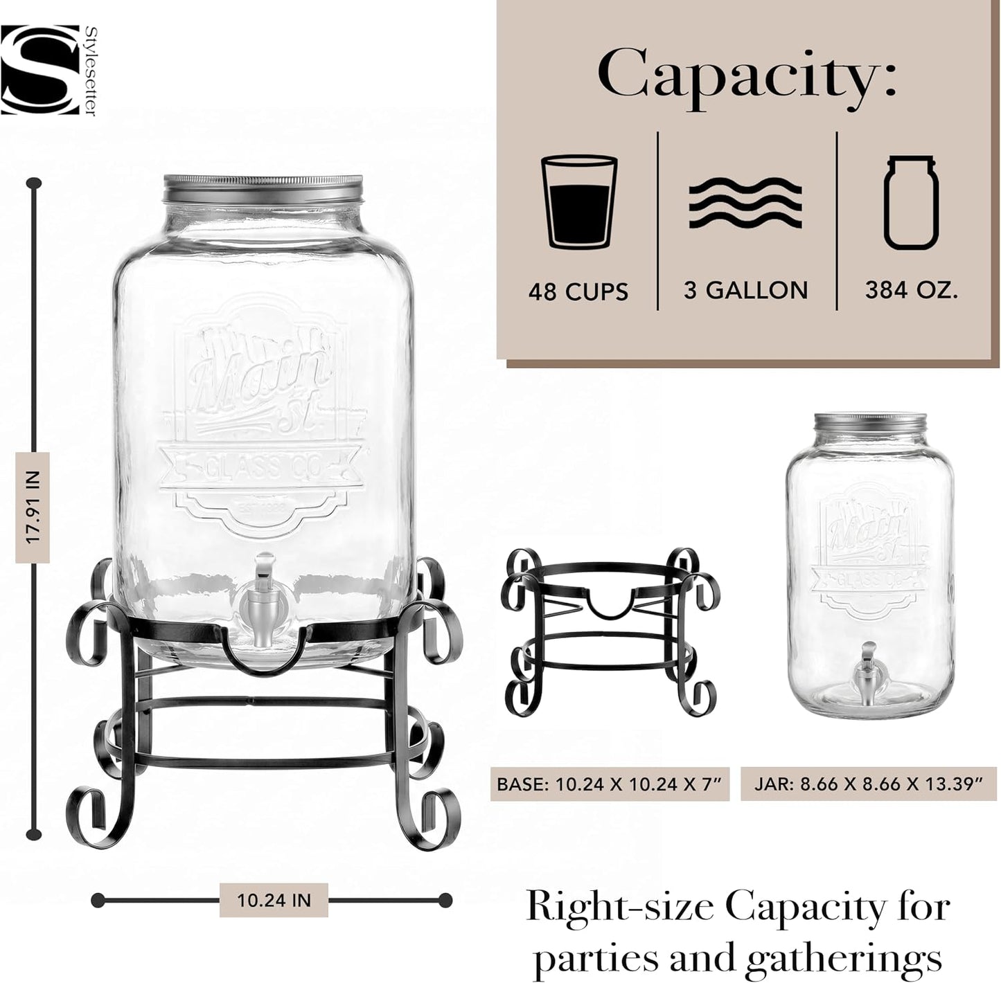 Style Setter Beverage Dispenser Cold Drink Dispenser Glass Jug, Metal Stand & Leak-Proof Acrylic Spigot Great for Parties, Weddings & More (With Metal Rack)
