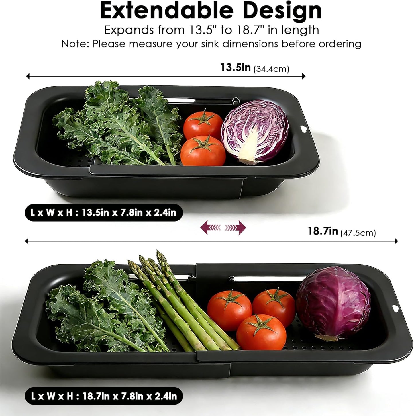 Extendable Colander Strainer Basket, Over the Sink Colander and Strainer for Kitchen, Wash Vegetables and Fruits, Drain Pasta and Dry Dishes, Adjustable Colander from 13.5In to 18.7In, Black