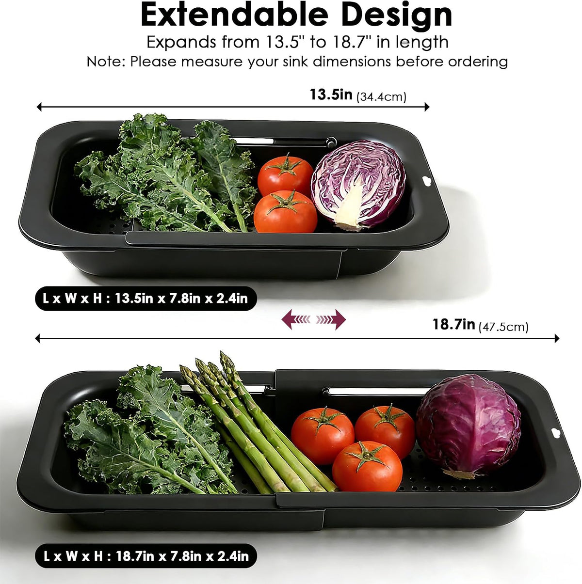Extendable Colander Strainer Basket, Over the Sink Colander and Strainer for Kitchen, Wash Vegetables and Fruits, Drain Pasta and Dry Dishes, Adjustable Colander from 13.5In to 18.7In, Gray