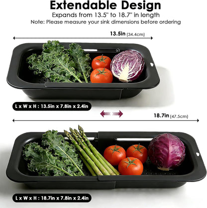 Extendable Colander Strainer Basket, Over the Sink Colander and Strainer for Kitchen, Wash Vegetables and Fruits, Drain Pasta and Dry Dishes, Adjustable Colander from 13.5In to 18.7In, Gray