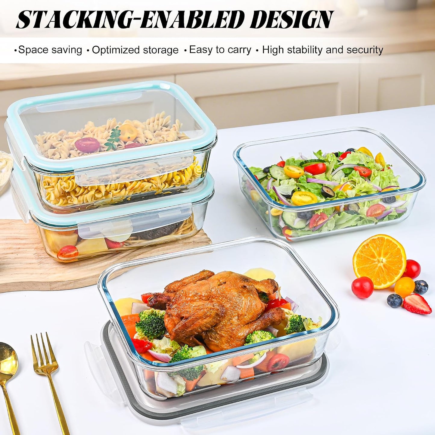 2Pack 9.8 Cups/ 78 Oz Large Glass Food Storage Containers with Lids, Glass Meal Prep Containers with Airtight Lids - BPA Free, Leakproof, Ideal for Food Storing/Serving, Microwave/Oven Safe