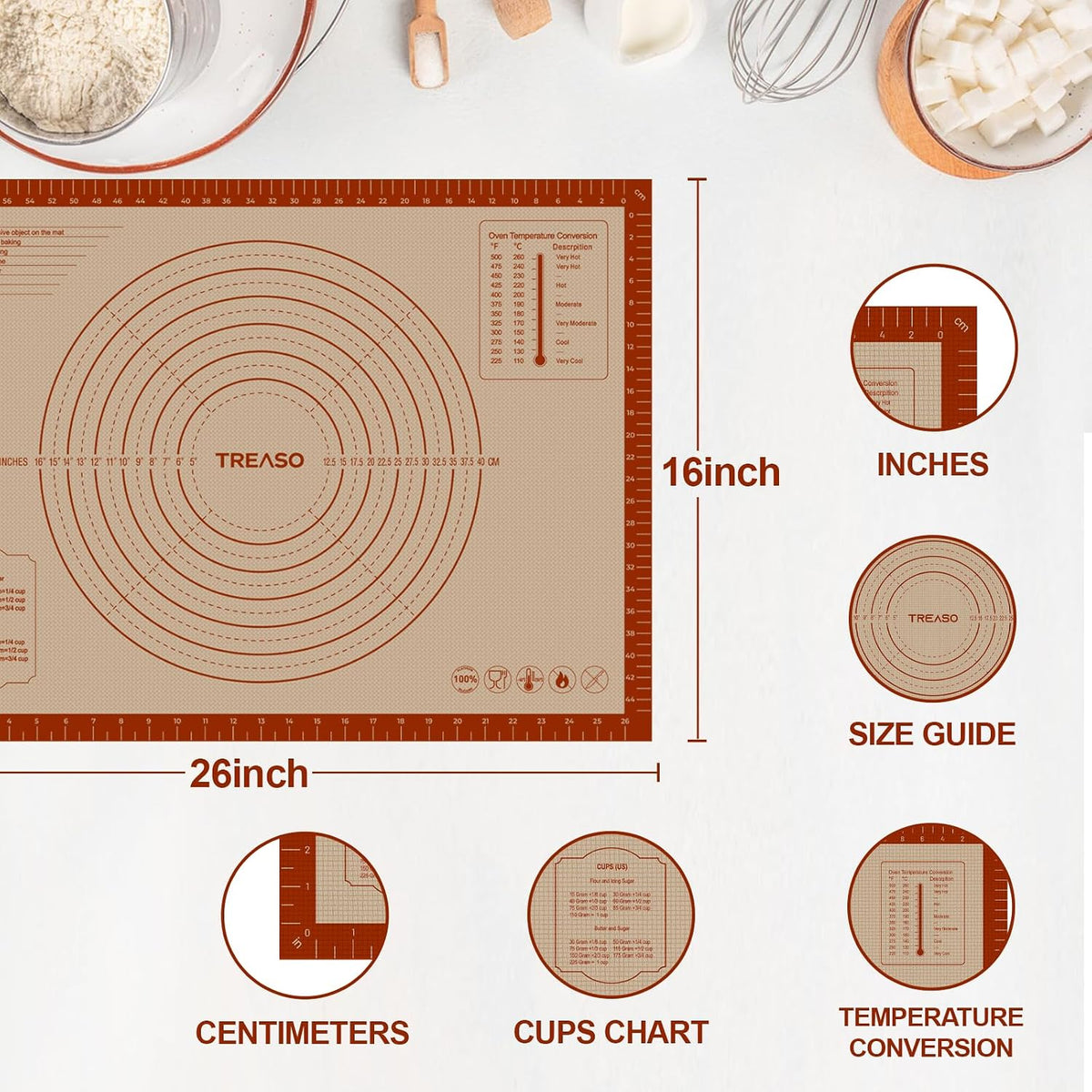 Silicone Pastry Mat, 24" x 16" Dough Mat, Rolling Mat for Baking
