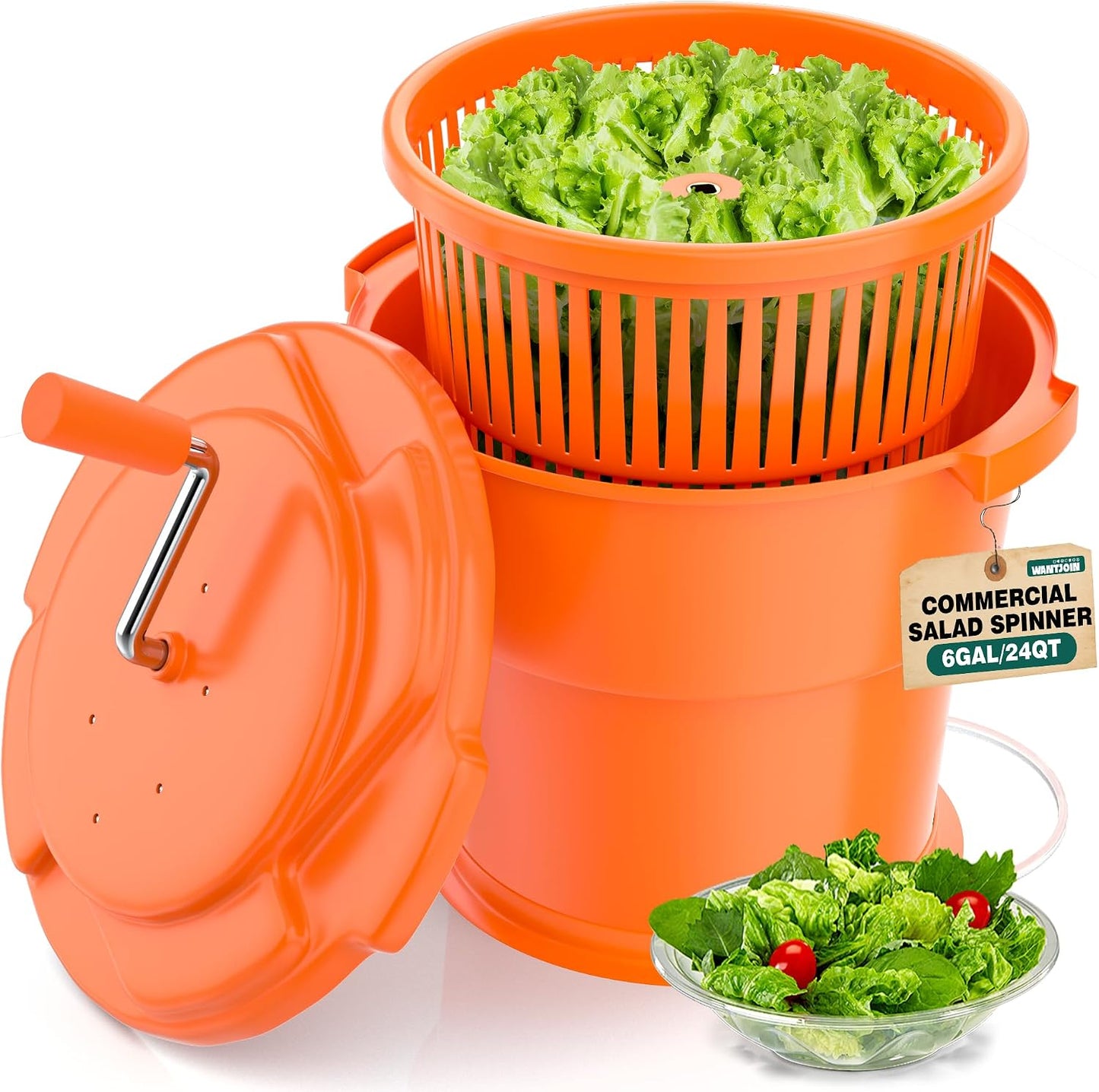 WantJoin Commercial Salad Spinner - [6 Gallon Salad Dryer] w/Silicone [Anti-slip Mat] & [Draining Hose], 24Qt Manual Salad Spinner for up to 7 Heads of Lettuce Spinner Large for Catering, Orange