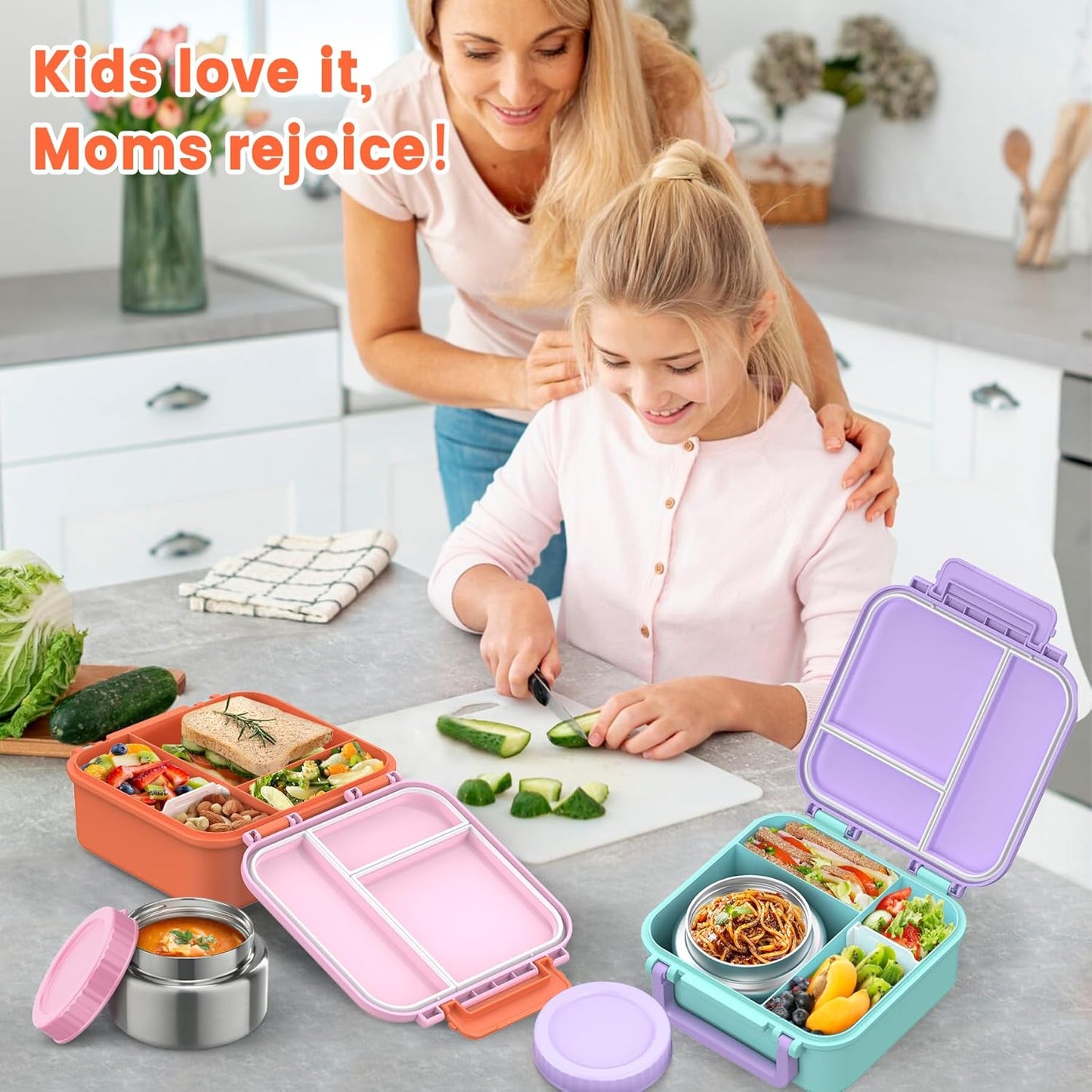 JOOPETALK Bento Lunch Box Set for Kids with 9oz Soup Thermo, Insulated Lunch Bag,Leak-proof BPA-free Lunch Food Container with 3-4 Conpartments for School Travel-Blue