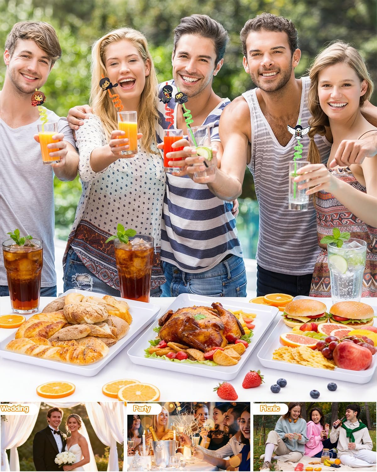 YOUBET 6 PCS Plastic Serving Trays - White Trays for Serving Food - Super Strong Disposable Platters, Heavy Duty Plastic Trays for BBQ, Picnic, Party, Wedding