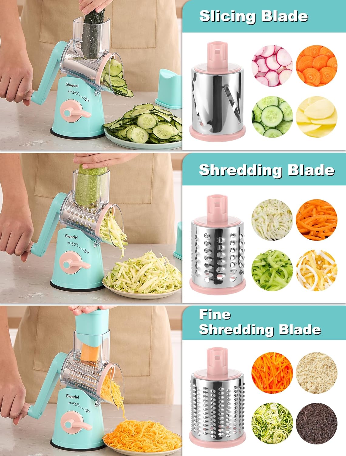 Geedel Rotary Cheese Grater, Kitchen Mandoline Vegetable Slicer with 3 Interchangeable Blades, Easy to Clean Rotary Grater Slicer for Cheese, Vegetables, Nuts