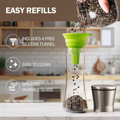 Home EC Premium Stainless Steel Sea Salt and Pepper Grinder Set of 2 - Adjustable Ceramic - Tall Glass Salt and Pepper Shakers - Kitchen Spice Mill W/Funnel & EBook
