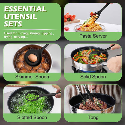 Homikit Silicone Cooking Utensil Set, 15pcs Kitchen Utensils with Holder for Nonstick Cookware, Heat Resistant Nontoxic Silicone Spatula Set Dishwasher Safe Kitchen Tools for Baking-Black