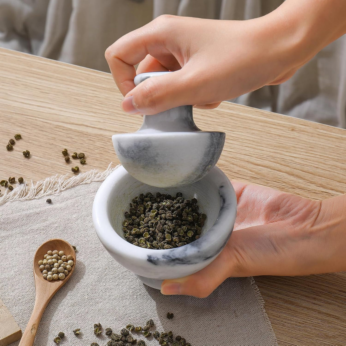Marble Mortar and Pestle Set for Grinding Herbs Spice Pills Seeds Guacamole Garlic and Ginger Stone Grinder Seasoning Crusher Elegant and Cute Kitchen Tools