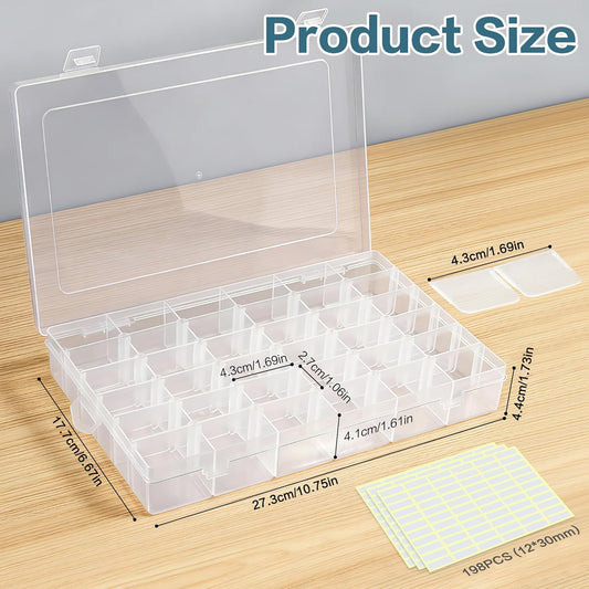 DILIBRA 5 Pack 36 Grids Large Plastic Organizer Box with Adjustable Dividers, Clear Craft Organizers Bead Organizers with Label Stickers, Compartment Container for Beads Crafts Jewelry Fishing Tackles