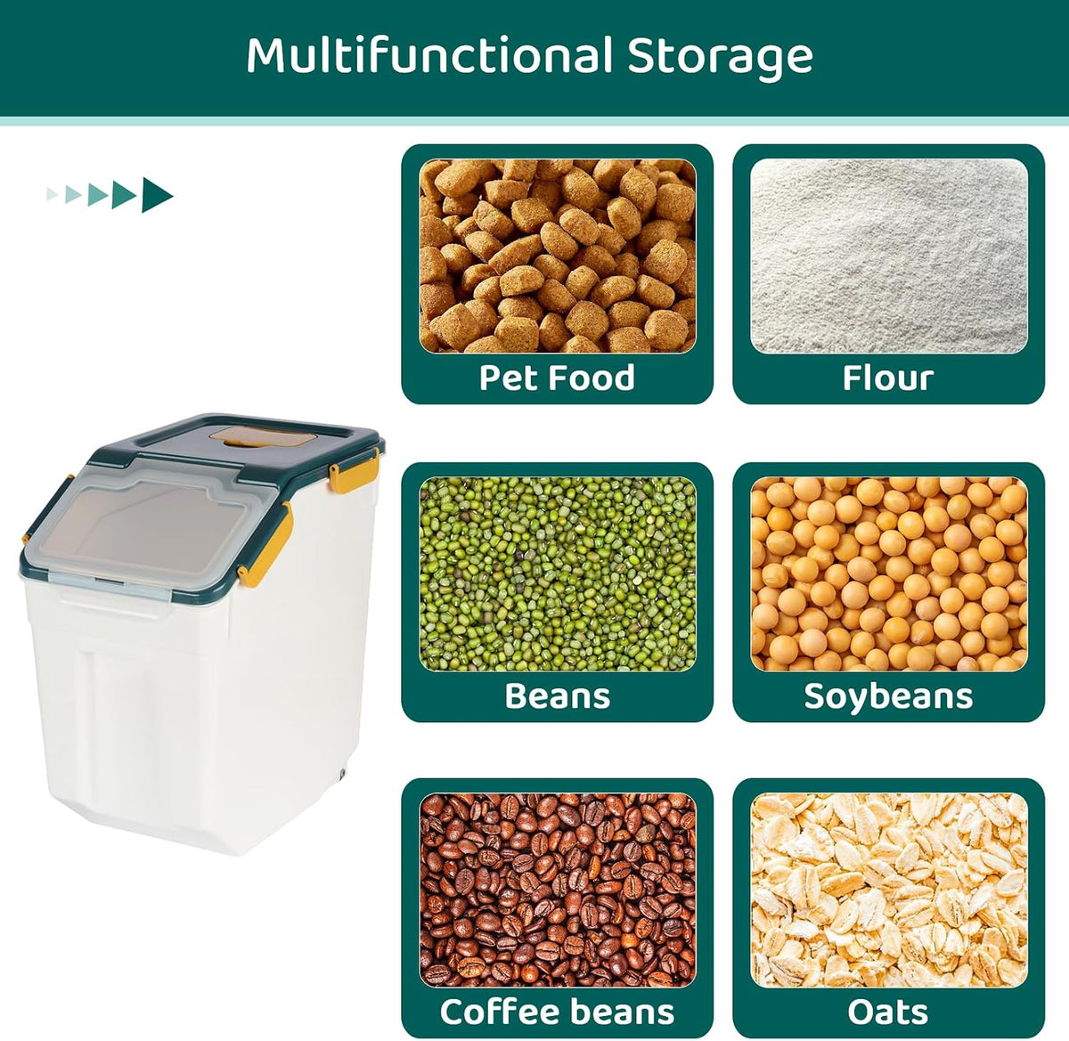 Rice Storage Container 25 lbs, Grey, 2 Pack | Airtight, with Wheels, Locking Lid, Measuring Cup Included, for Flour Sugar Grain Cereal