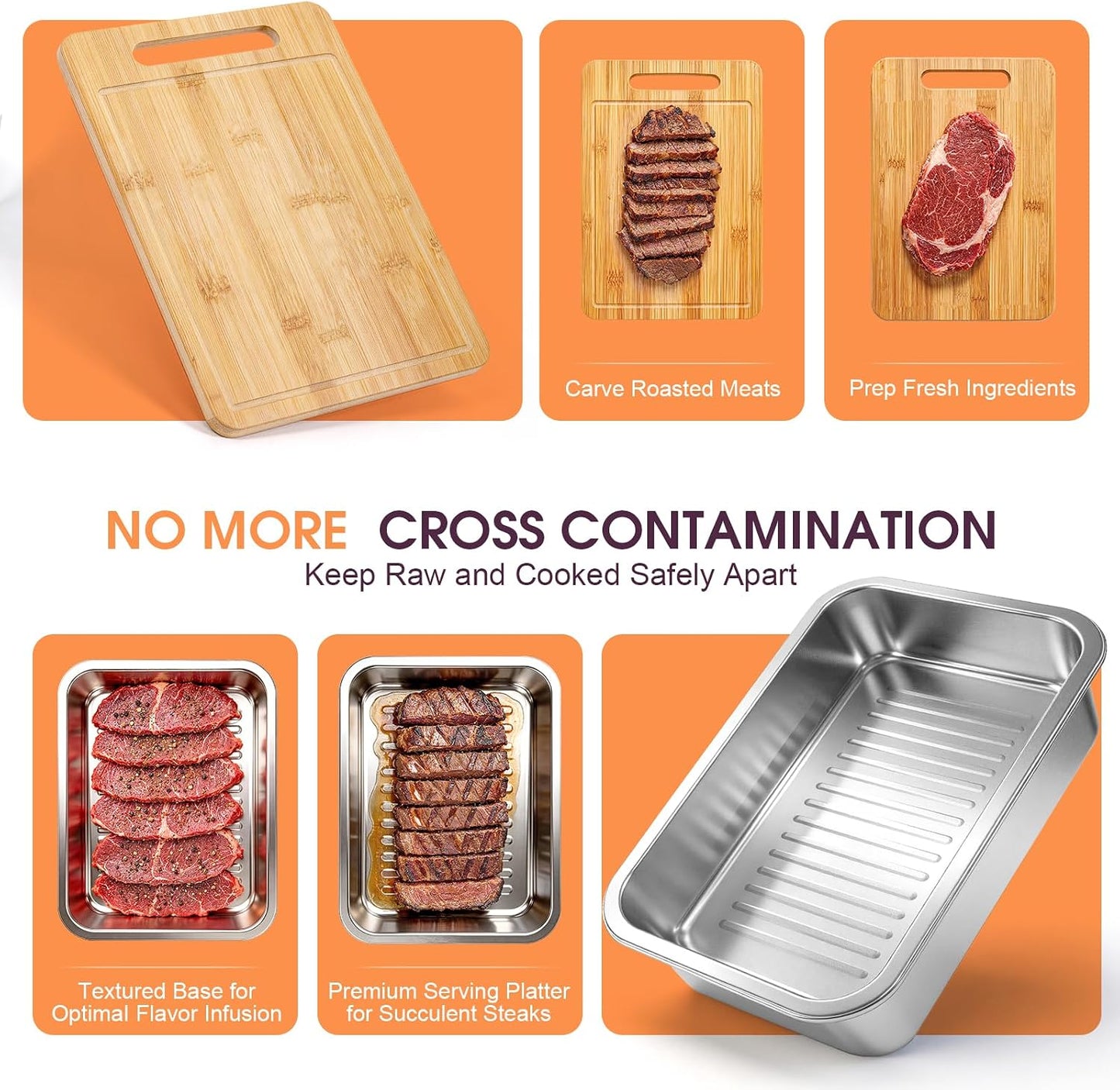 6-in-1 Grilling Prep and Serve Trays Set, 15.7" Stainless Steel Grill Carry System with Lid, Punched Tray, Draining Rack and Bamboo Cutting Board, BBQ Meat Marinade Container, Grilling Gifts for Men