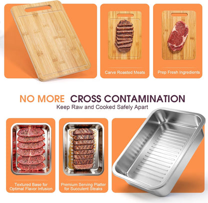6-in-1 Grilling Prep and Serve Trays Set, 15.7" Stainless Steel Grill Carry System with Lid, Punched Tray, Draining Rack and Bamboo Cutting Board, BBQ Meat Marinade Container, Grilling Gifts for Men