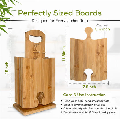 Bamboo Cutting Board Set with Stand – 4 Interlocking Wooden Chopping & Serving Boards for Charcuterie, Cheese Platters, Meal Prep & Entertaining – Eco-Friendly Kitchen Boards