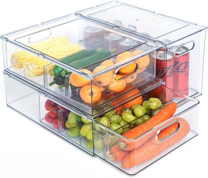 Mano Stackable Fridge Drawers Pull Out Bins with Handle Clear Refrigerator Drawers Organizer Food Storage Container Box with Dividers Plastic Produce Saver for Pantry, Cabinet, Kitchen, Clothes（7Pack）