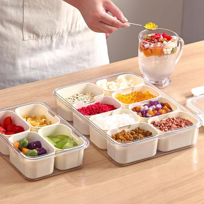 Divided Serving Tray with Lid for Veggie Charcuterie Container Portion Control Salad Keeper with 4 Removable Boxes Stackable Refrigerator Organizer Bins Food Storage Organizer Produce Saver