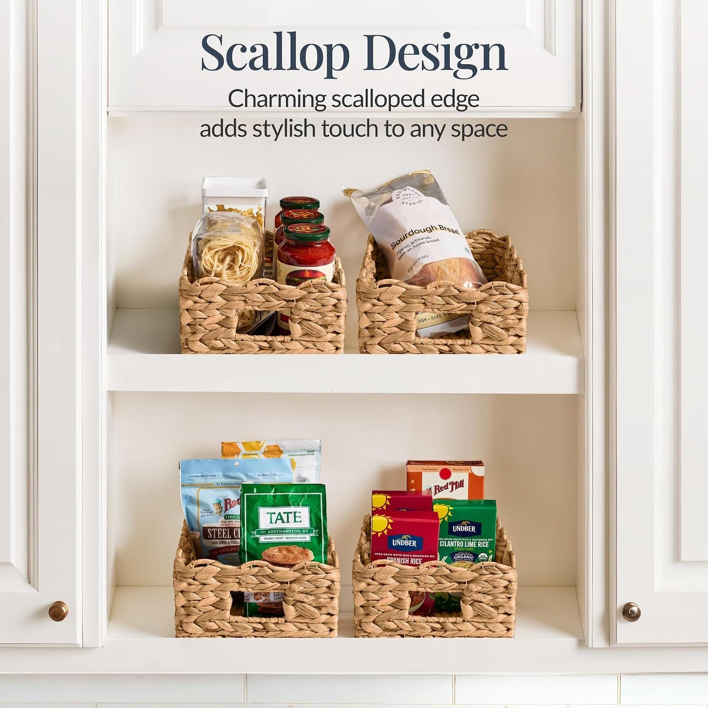 Best Choice Products 9x12 Scalloped Shelf Baskets, Woven Storage Bins, Storage Organizers for Pantry, Living Room, Bedroom, Nursery & Laundry, 4 Pack - Natural with White Trim
