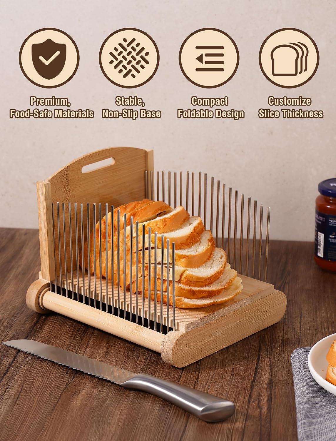 NiHome Bread Slicer for Homemade Bread, Bamboo, Adjustable Thickness