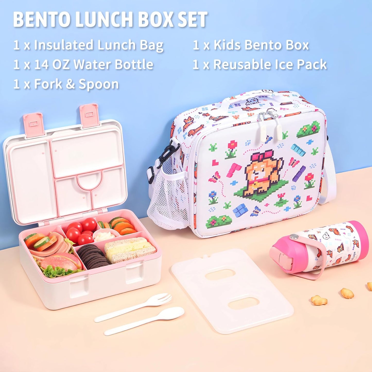 rockpapa Chill Kids Lunch Box Set with Leakproof 5.5 Cups Bento Box, Reusable Ice Pack, 14oz Insulated Water Bottle & Lunch Bag, BPA-Free Microwave Safe for School Boys Girls (Black Games)