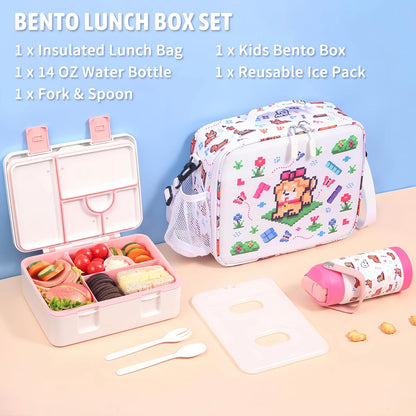 rockpapa Chill Kids Lunch Box Set with Leakproof 5.5 Cups Bento Box, Reusable Ice Pack, 14oz Insulated Water Bottle & Lunch Bag, BPA-Free Microwave Safe for School Boys Girls (Black Games)