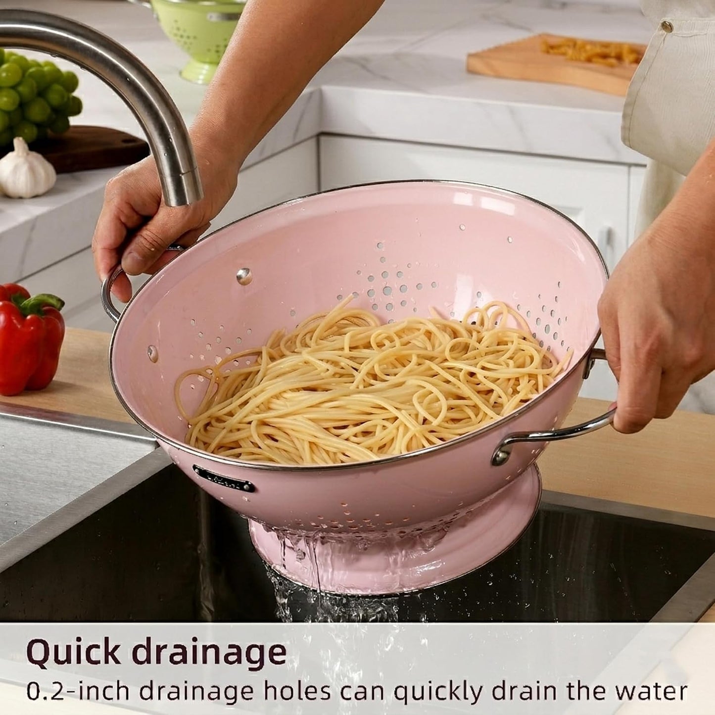 Metal Colander 2 Pack, Strainer Bowel with Handles 2Qt & 6Qt Powder Coated Solid Ring Base Heavey Duty Kitchen Drainer Basket for Pasta Veggies and Fruits,New Home Apartment Essentials (Almond Cream)