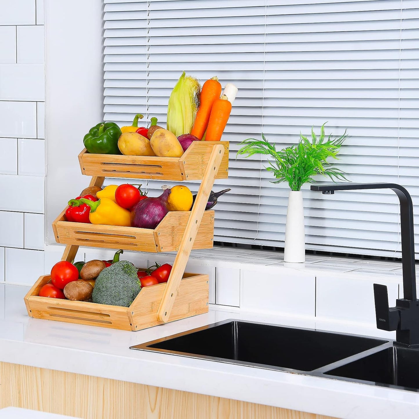 VIKEYHOME Fruit Basket, 2 Tier Bamboo Fruit Basket for Kitchen, 11" Tall Fruit Stand Storage Holder, Heavy Duty/Large Capacity for Vegetables, Fruit, and Snack, 15 mm Thickness (Self-assembly)