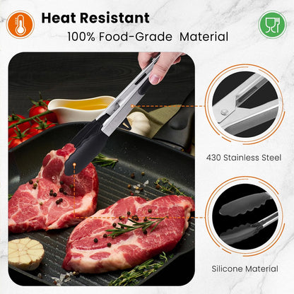 Kitchen Tongs Set of 2 (9” & 12”) – Stainless Steel & Silicone Cooking Tongs with Built-in Stand & Dishwasher Safe – Heat Resistant up to 600°F – Perfect for Grilling, BBQ, Salad & Frying