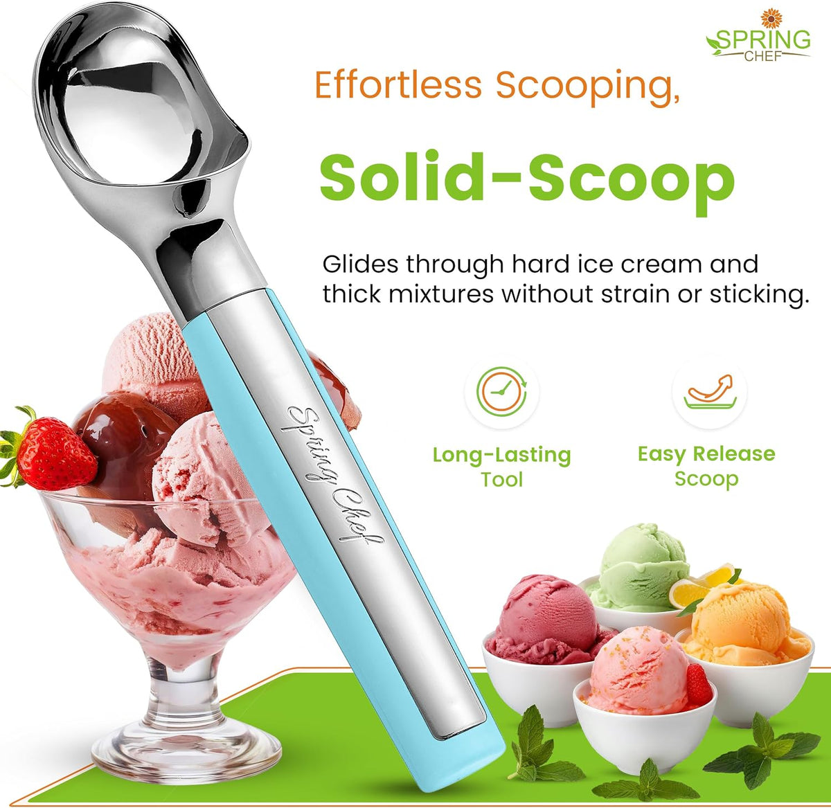 Spring Chef Heavy Duty Metal Ice Cream Scoop with Soft Grip Handle, Pink