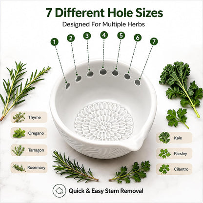 Ceramic Herb Stripper and Garlic Ginger Grater Bowl, 3-in-1 Kitchen Tool