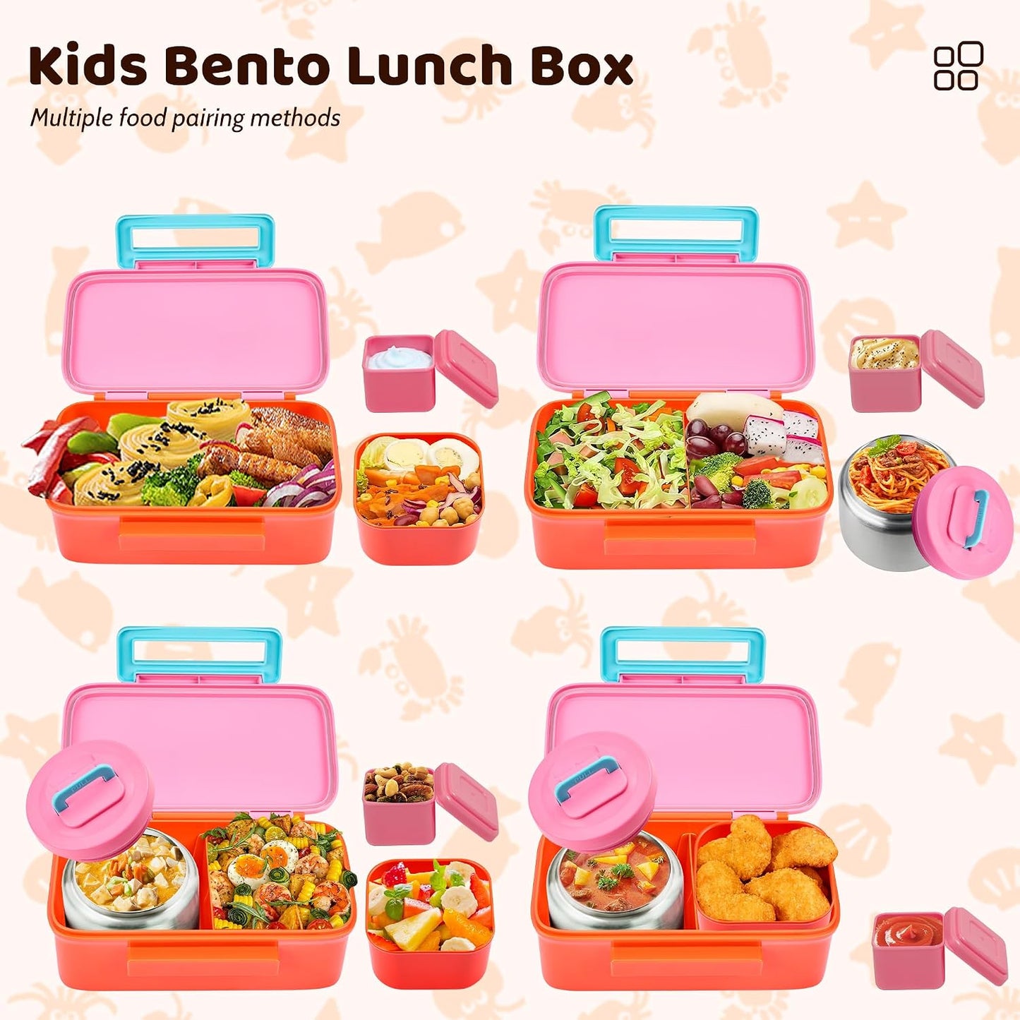 JXXM Bento Lunch Box for Kids With 8oz Thermo, Leakproof Bento Box with with 2 Compartments, Insulated Bottle, Lunch Bag, BPA Free Dishwasher Safe for School Girls Boys (Pink)