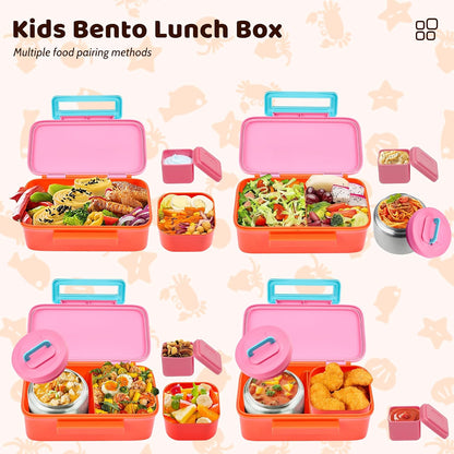 JXXM Bento Lunch Box for Kids With 8oz Thermo, Leakproof Bento Box with with 2 Compartments, Insulated Bottle, Lunch Bag, BPA Free Dishwasher Safe for School Girls Boys (Pink)