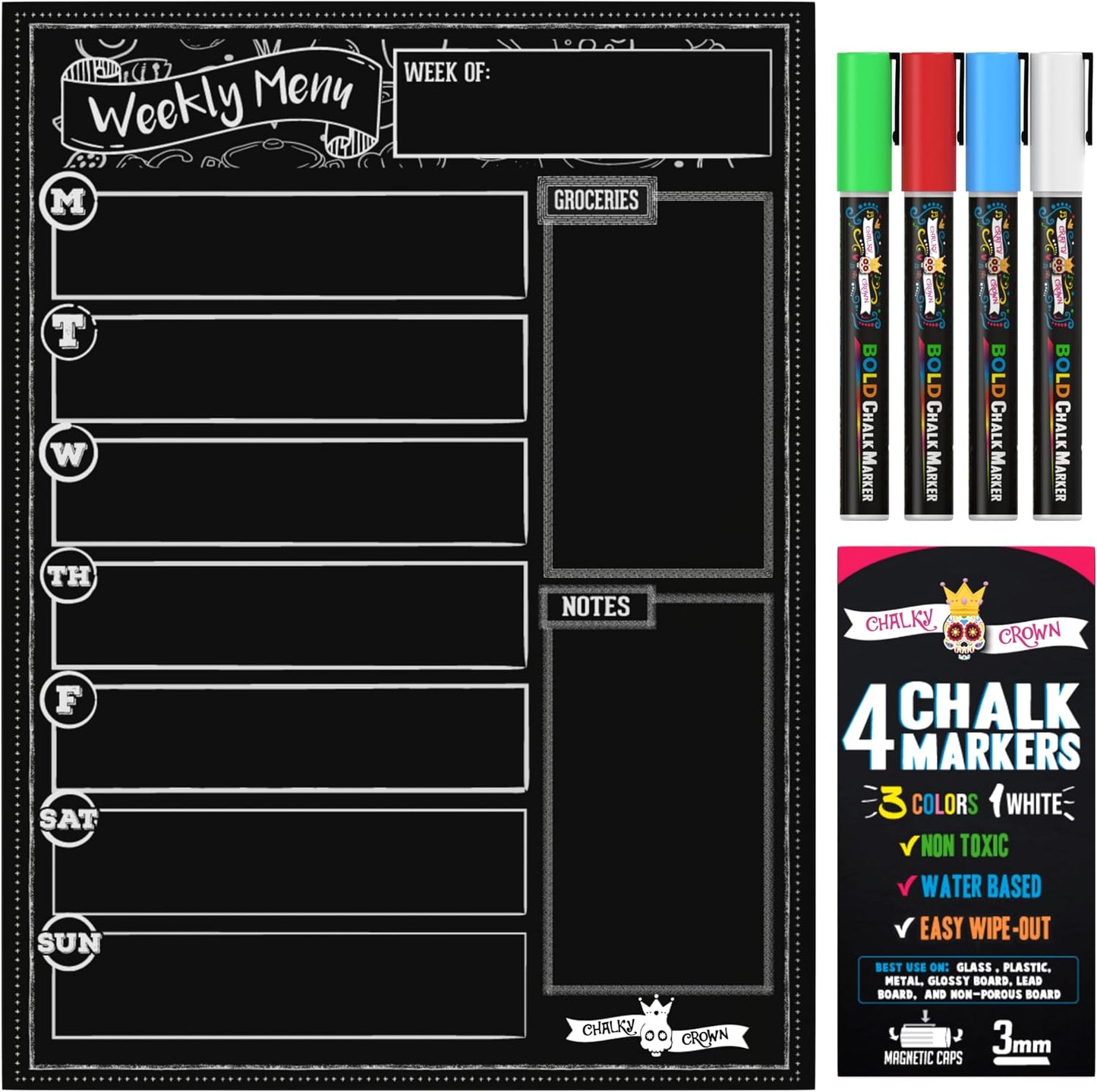CHALKY CROWN Acrylic Magnetic Weekly Planner for Fridge - Menu Board for Kitchen with 8 Magnetic Markers - Weekly Meal Planner for Fridge with Grocery List & Notepad - Menu Planner (14.5x10.2)